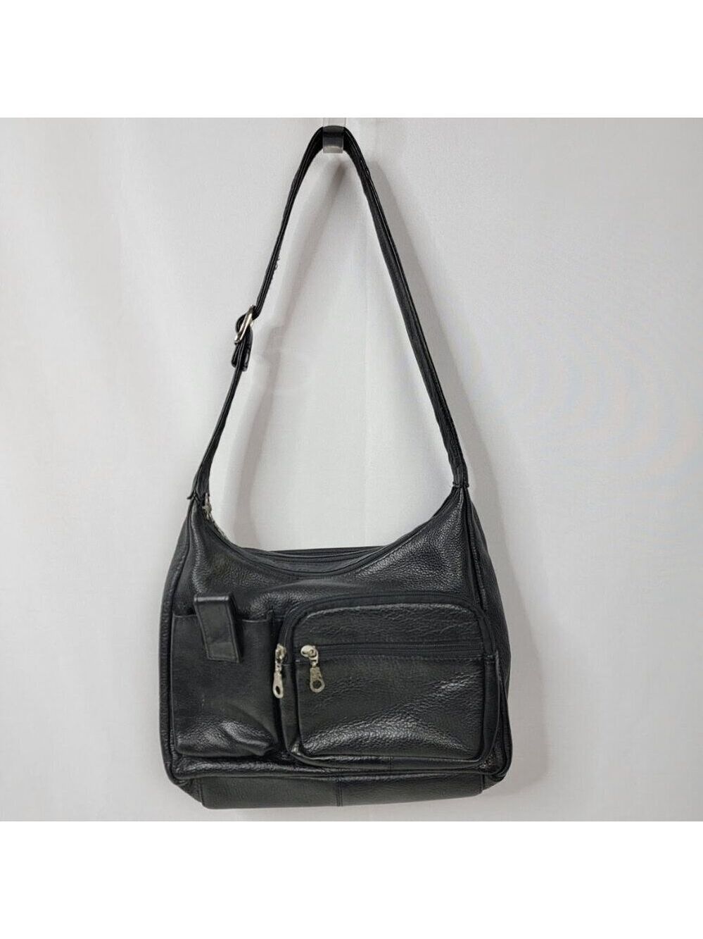 Genuine Leather Black Shoulder Bag | Multi Pocket Crossbody Purse